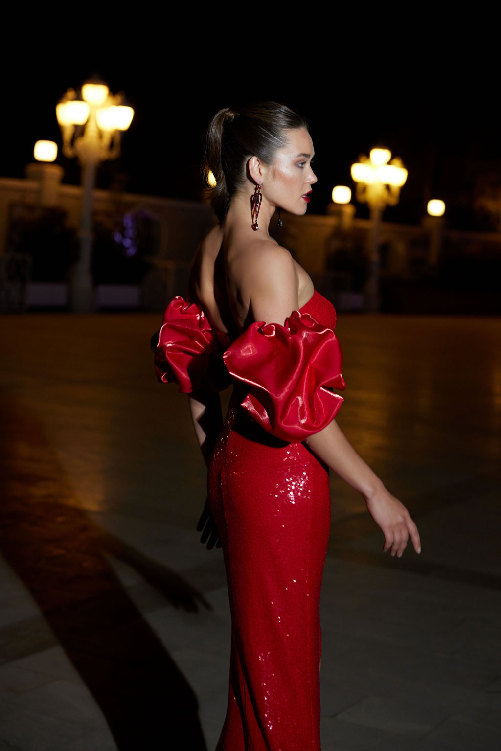 Azra Kotan Payet Kumaş Balon Kol Midi Boy Abiye Elbise