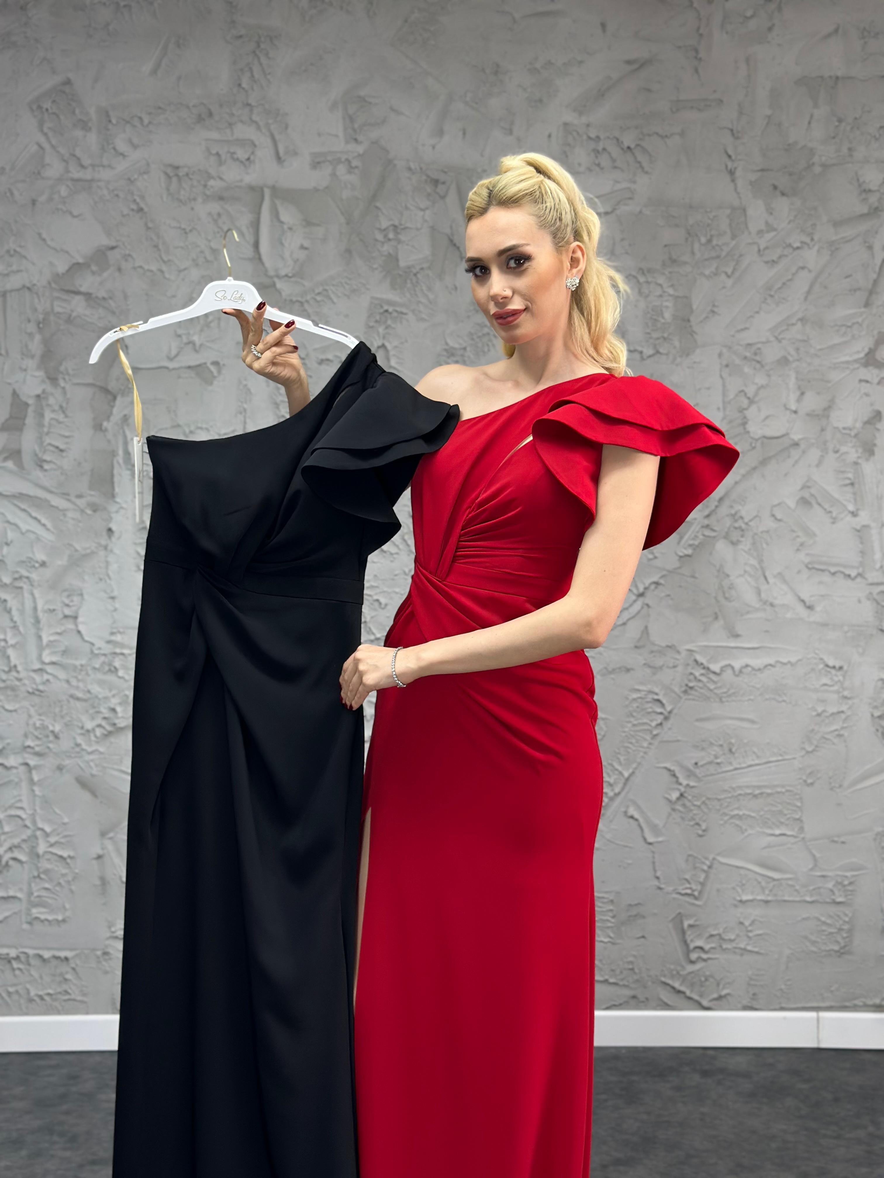 AZRA KOTAN TEK OMUZ DRAPELİ ABİYE ELBİSE