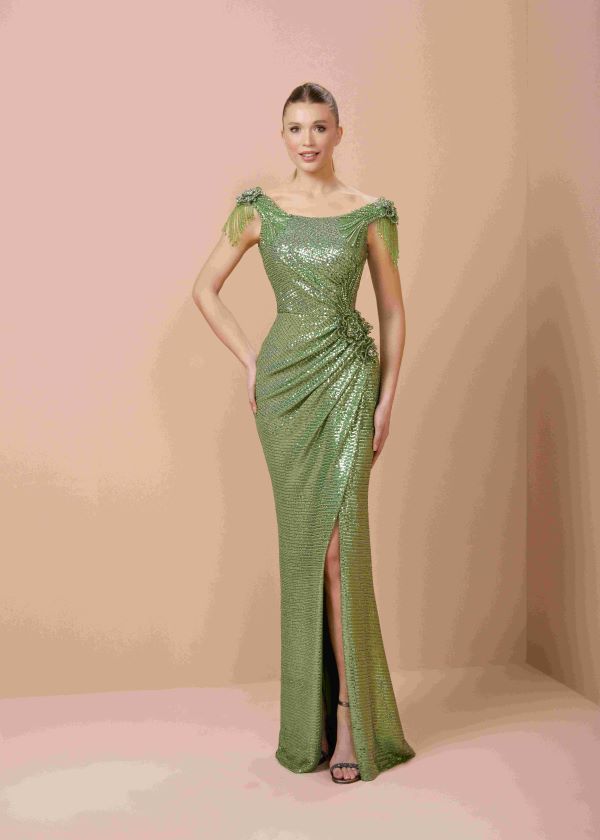 AZRA KOTAN PAYET KUMAŞ KOL DETAYLI ABİYE ELBİSE