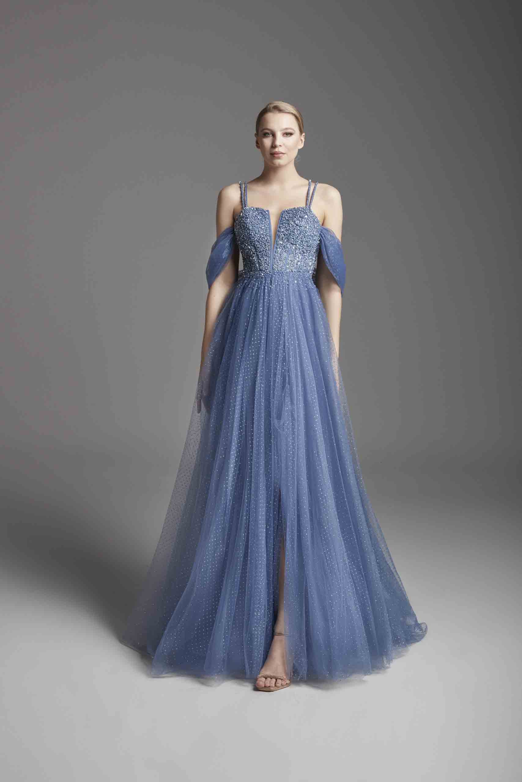 Azra Kotan Helen Kesim Tül Etekli Yandan Tüllü Kollu Abiye Elbise