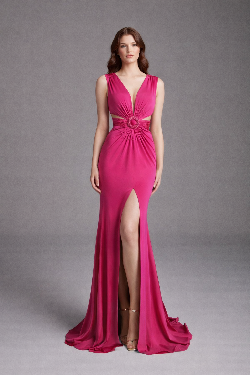 Azra Kotan Bel Detayı Boncuk İşlemeli Yan Dekolteli Kalın Askılı Abiye Elbise