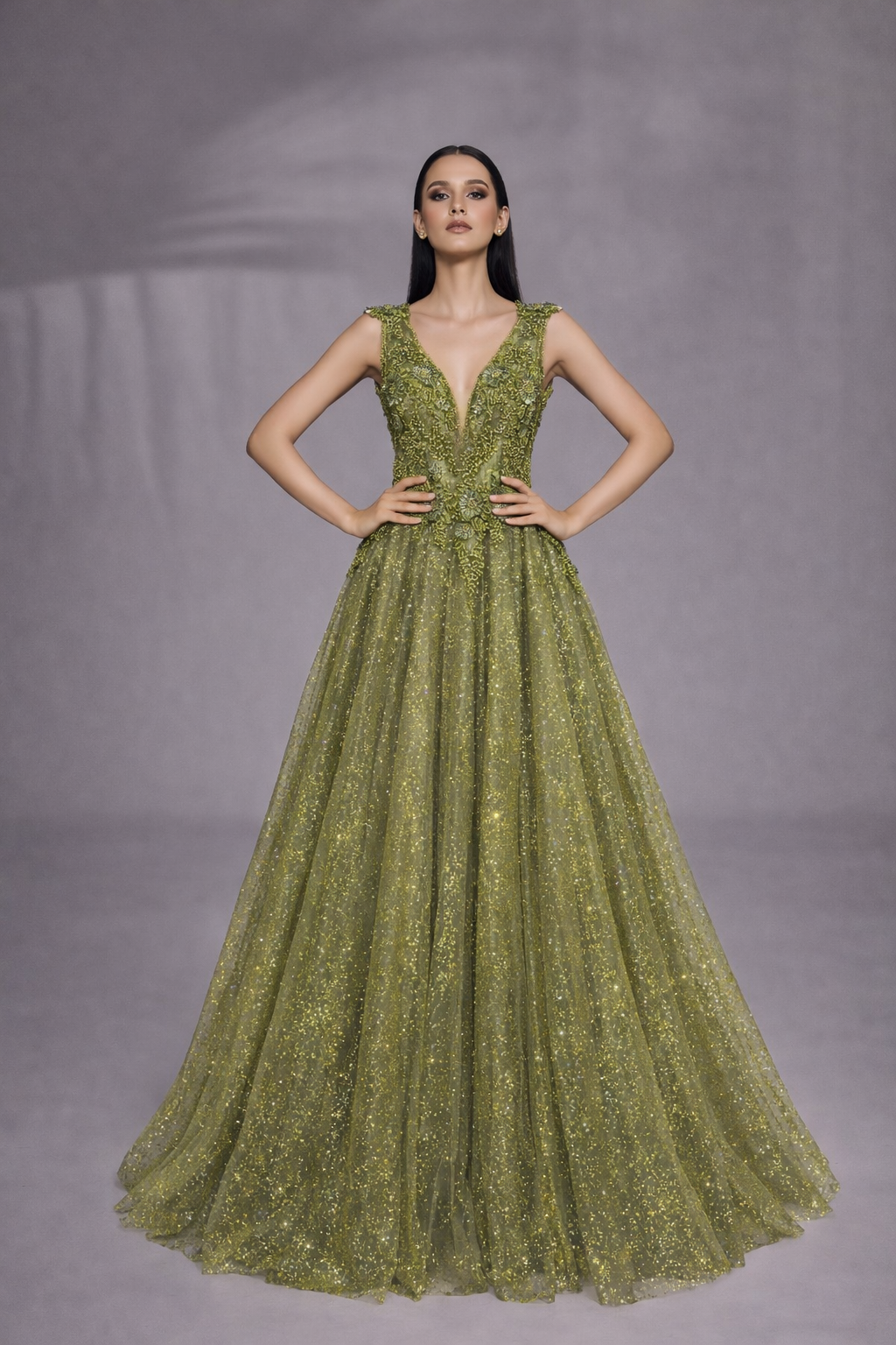 Azra Kotan Bel Kısmı Dantel İşlemeli Helen Nişanlık – Simli Tül Prenses Model