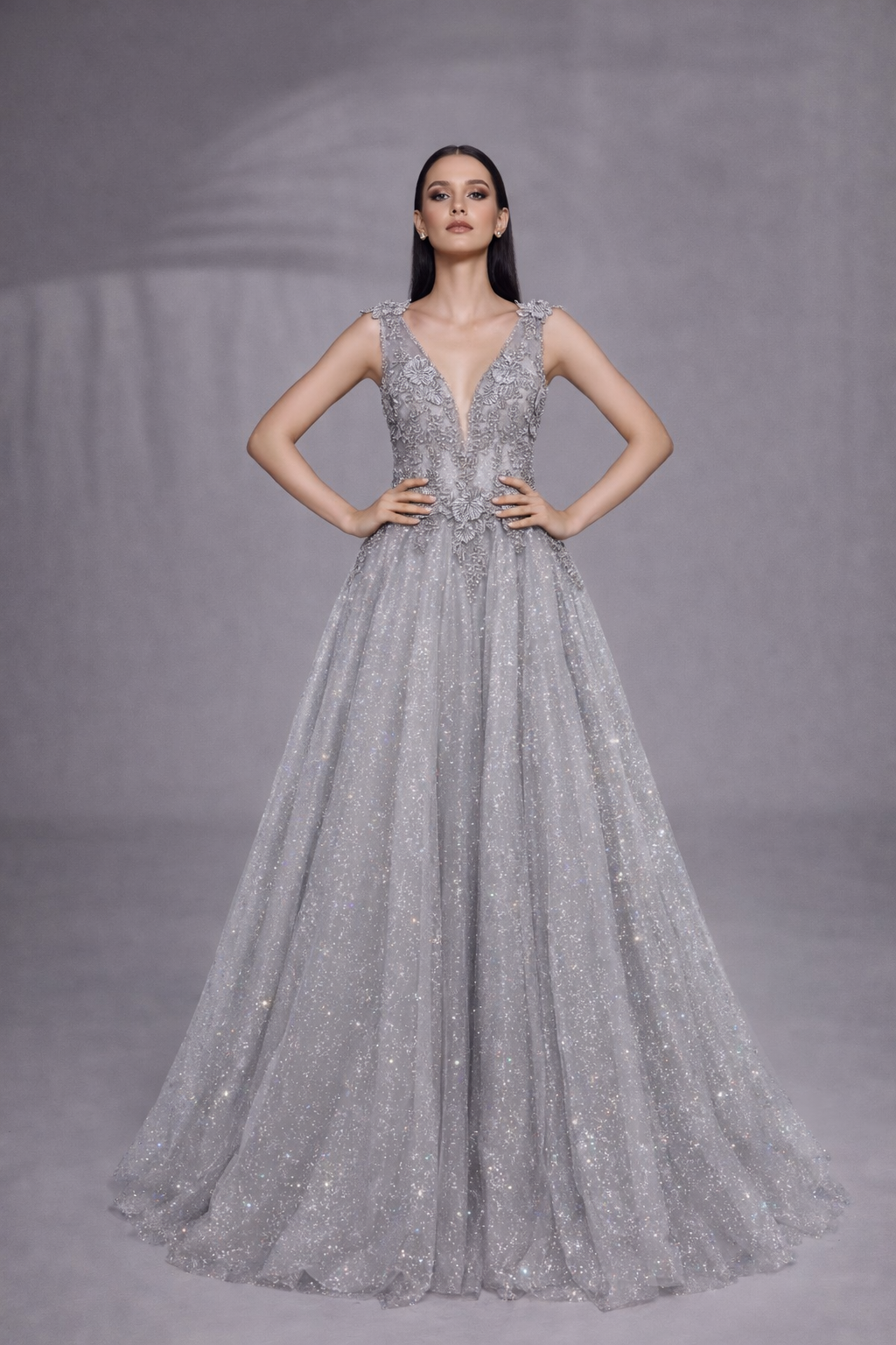 Azra Kotan Bel Kısmı Dantel İşlemeli Helen Nişanlık – Simli Tül Prenses Model