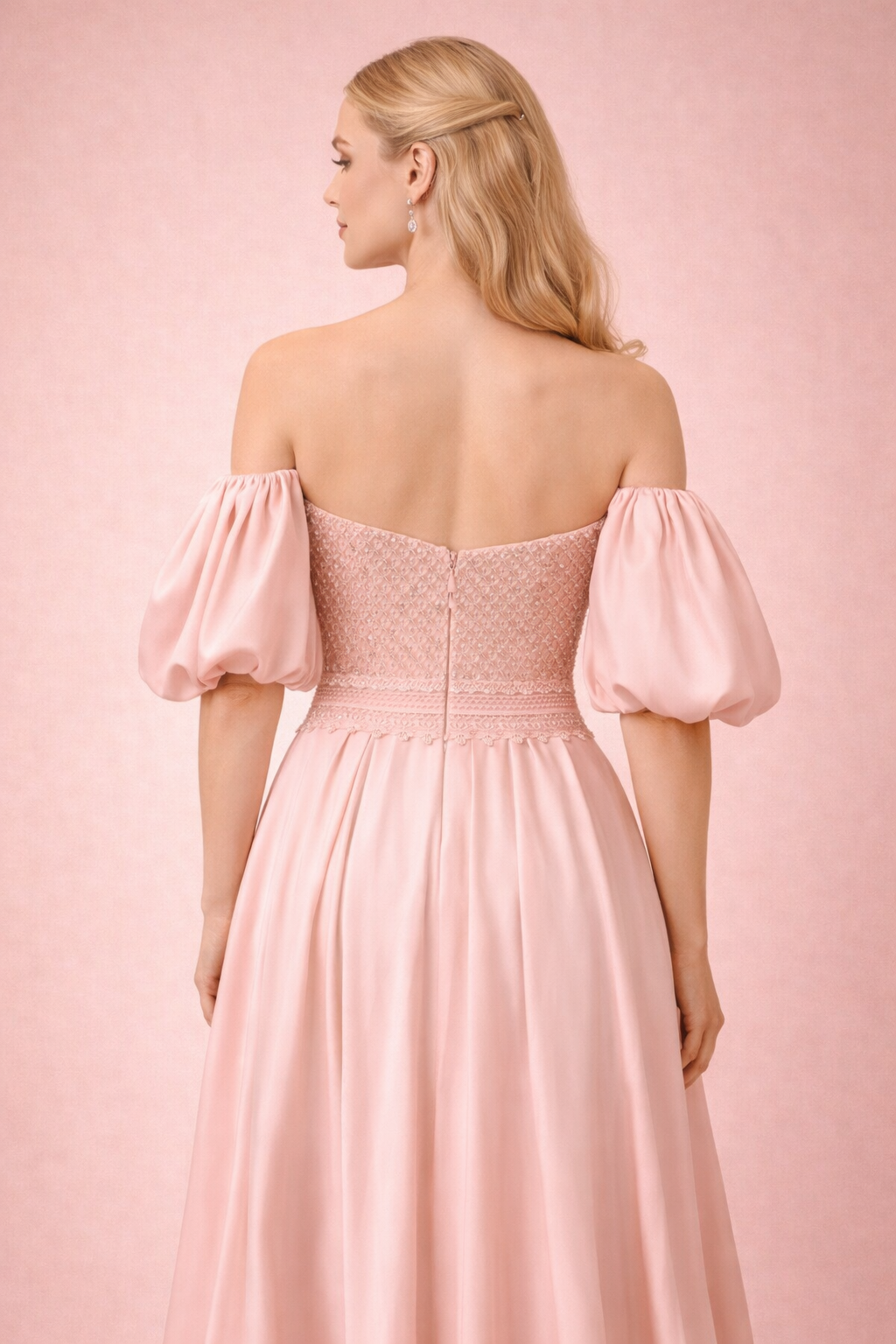 Taş İşlemeli Straplez Balon Kollu Yırtmaçlı Abiye Elbise