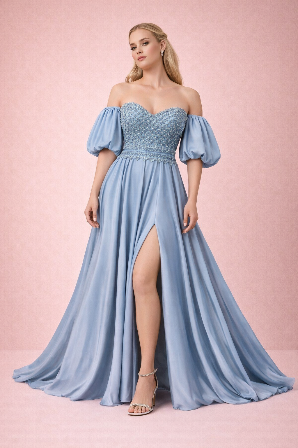 Taş İşlemeli Straplez Balon Kollu Yırtmaçlı Abiye Elbise