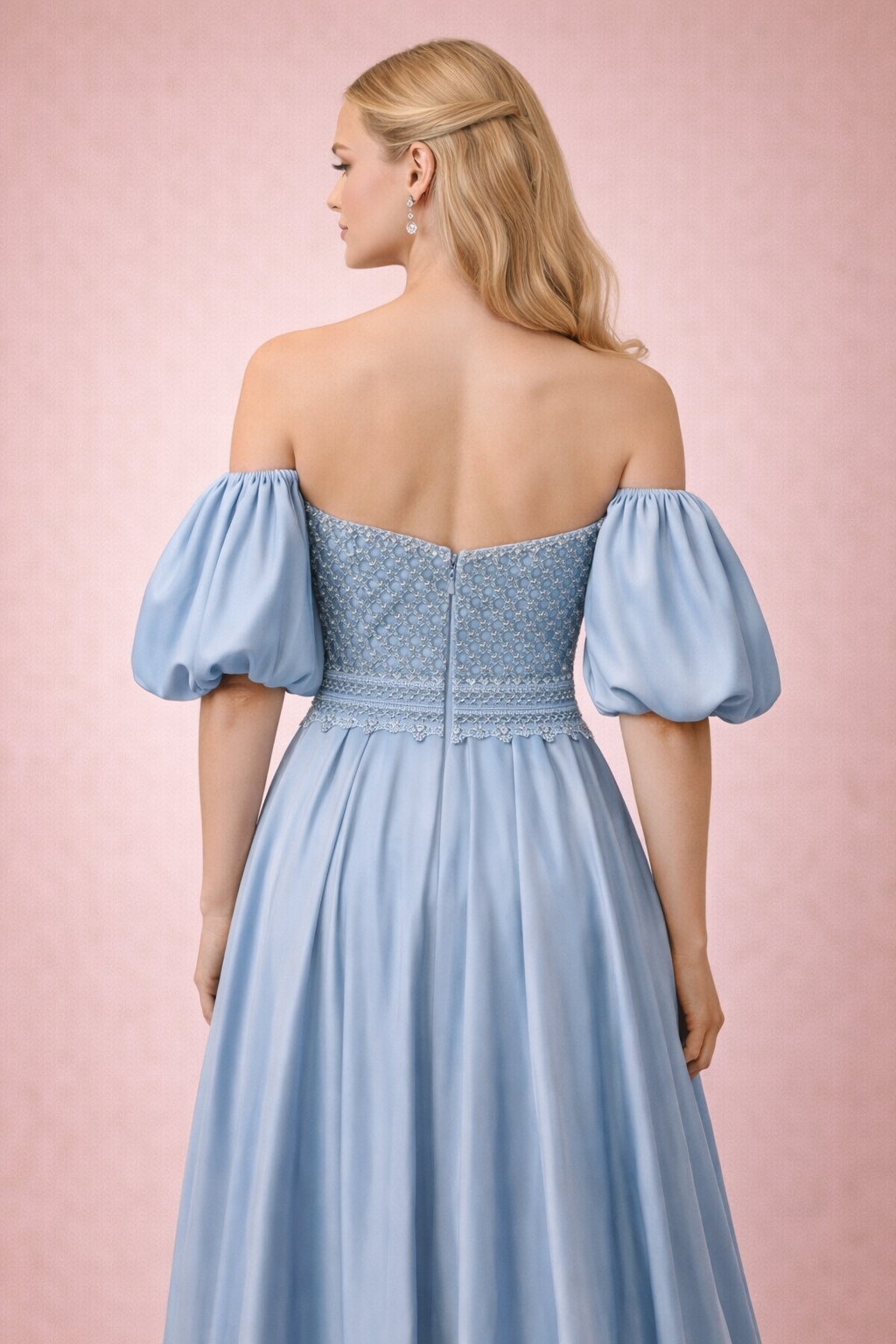 Taş İşlemeli Straplez Balon Kollu Yırtmaçlı Abiye Elbise