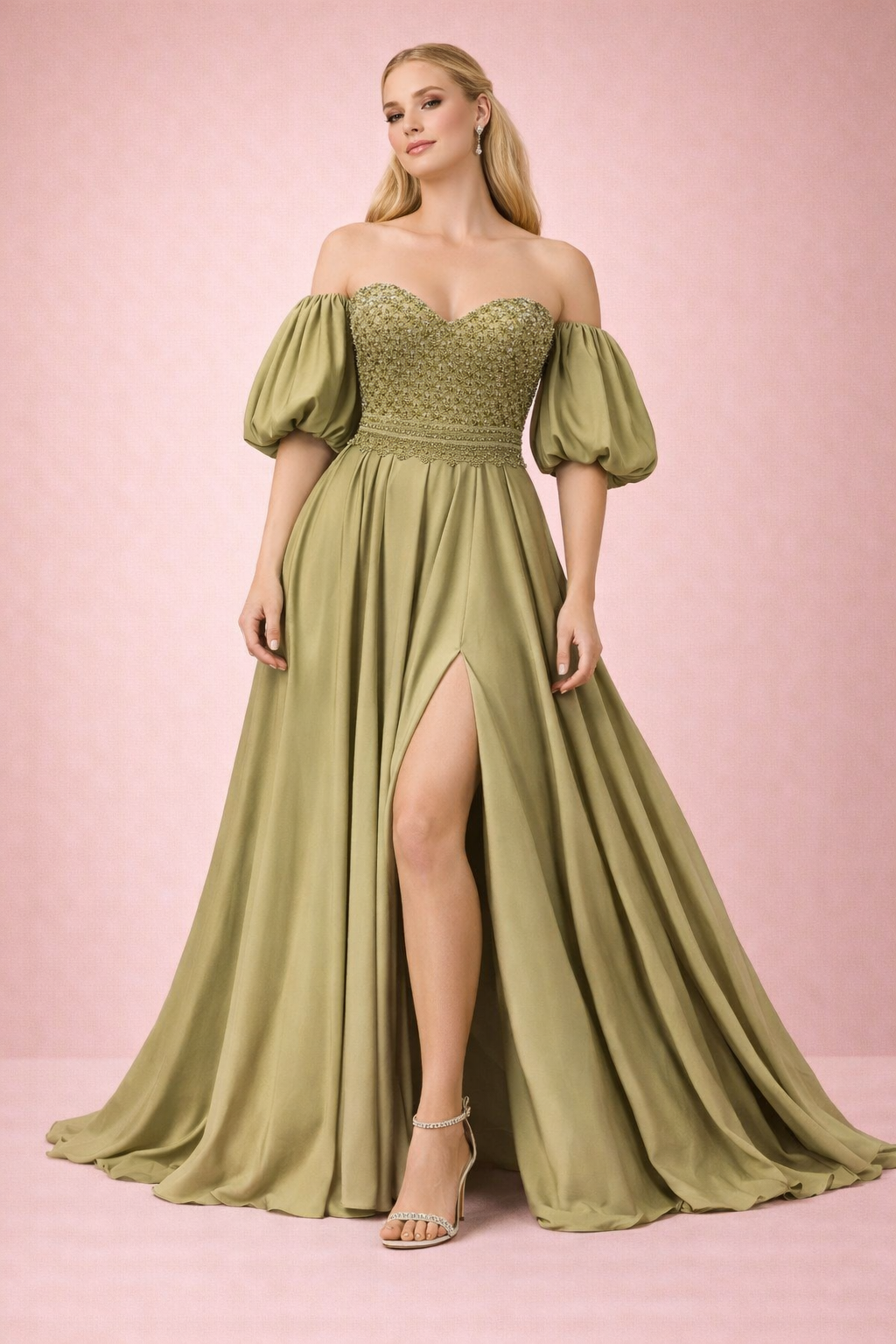 Taş İşlemeli Straplez Balon Kollu Yırtmaçlı Abiye Elbise