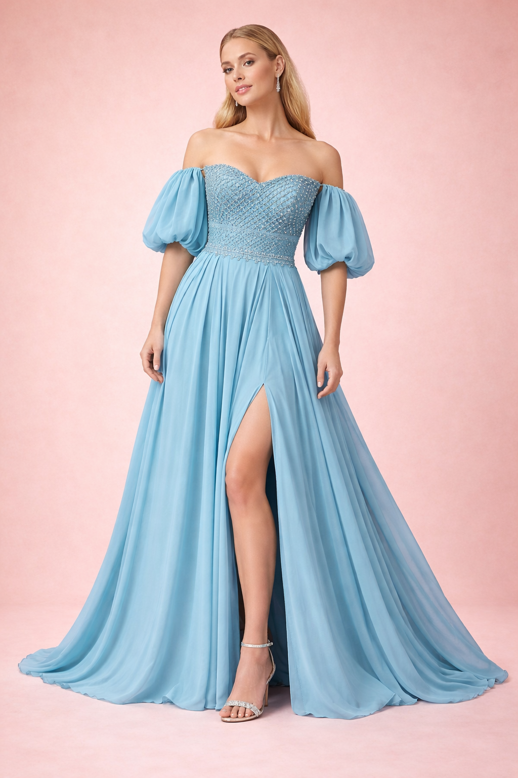 Taş İşlemeli Straplez Balon Kollu Yırtmaçlı Abiye Elbise