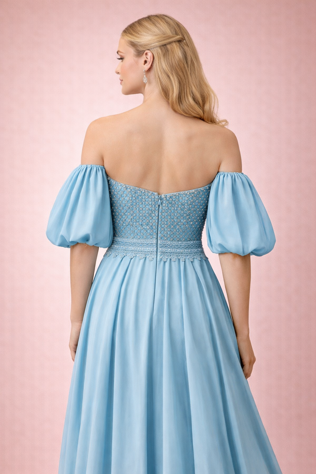 Taş İşlemeli Straplez Balon Kollu Yırtmaçlı Abiye Elbise