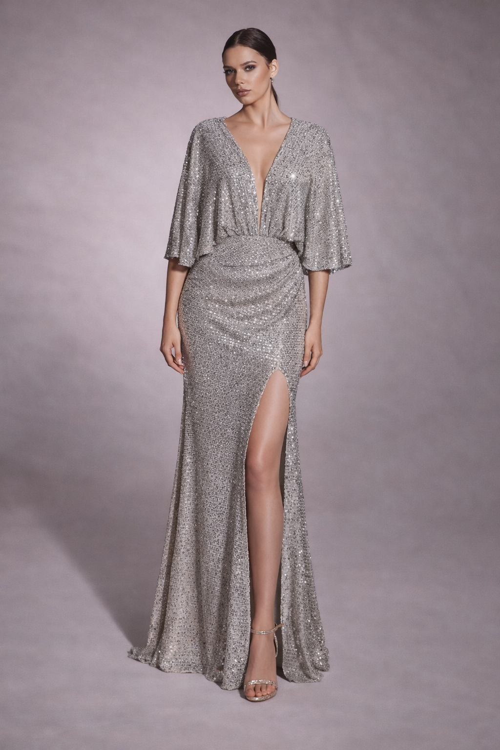 Azra Kotan Payetli V Yaka Drapeli Uzun Abiye Elbise