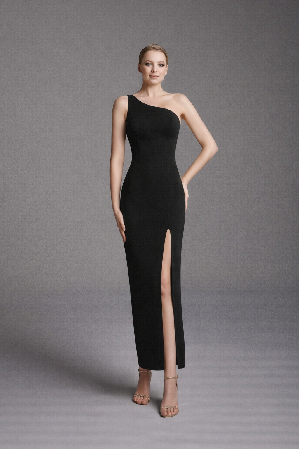 Azra Kotan Tek Omuz Krep Kumaş Midi Boy Şık Abiye Elbise