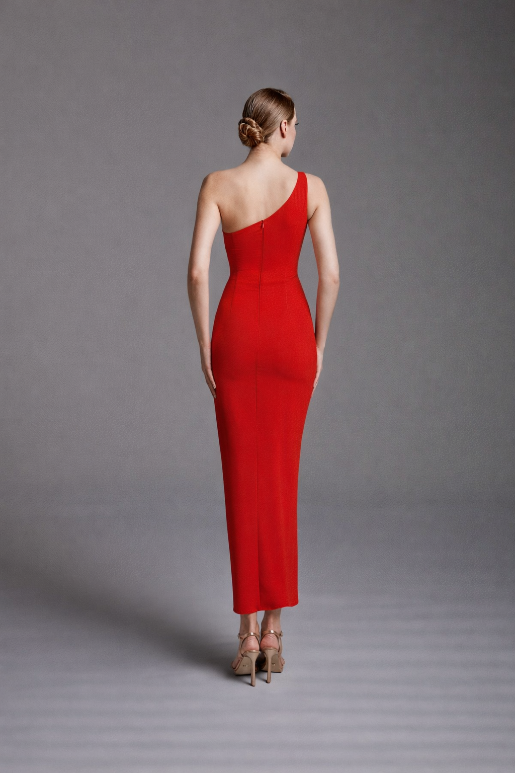 Azra Kotan Tek Omuz Krep Kumaş Midi Boy Şık Abiye Elbise