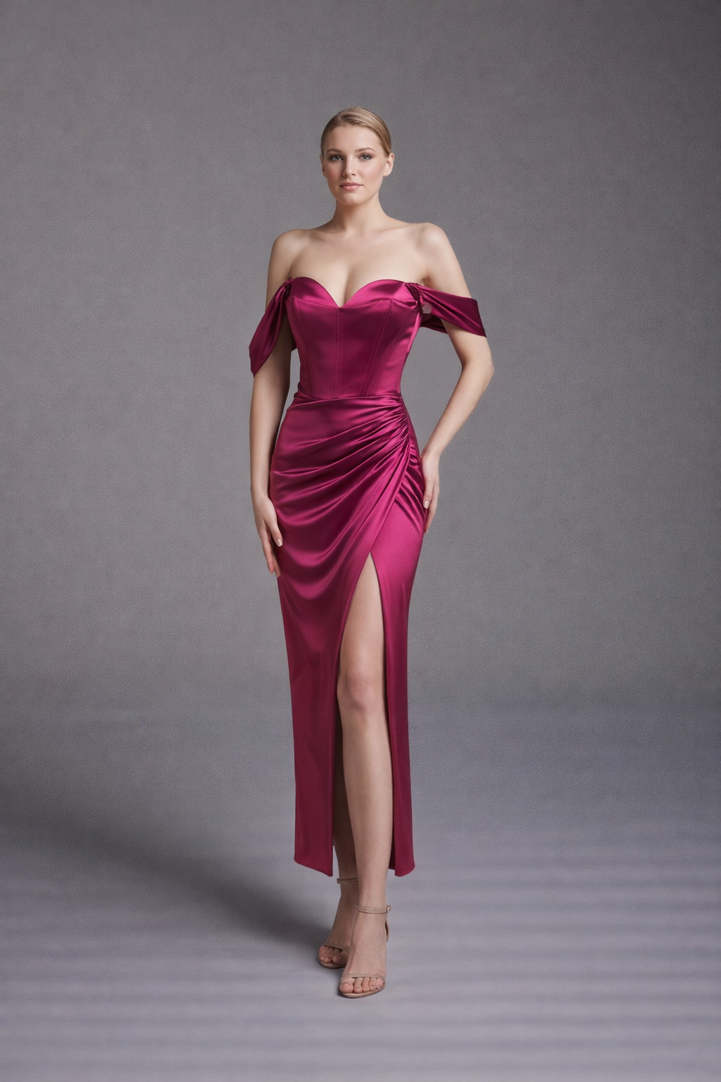 Azra Kotan Saten Kumaş  Midi Boy Abiye Elbise – Britli Sırt & Düşük Kol Detaylı