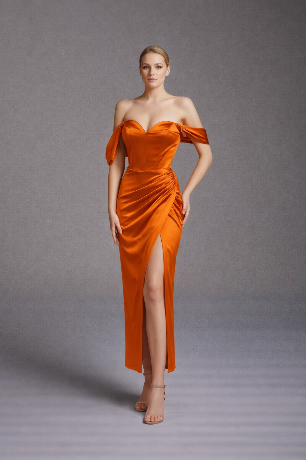 Azra Kotan Saten Kumaş  Midi Boy Abiye Elbise – Britli Sırt & Düşük Kol Detaylı