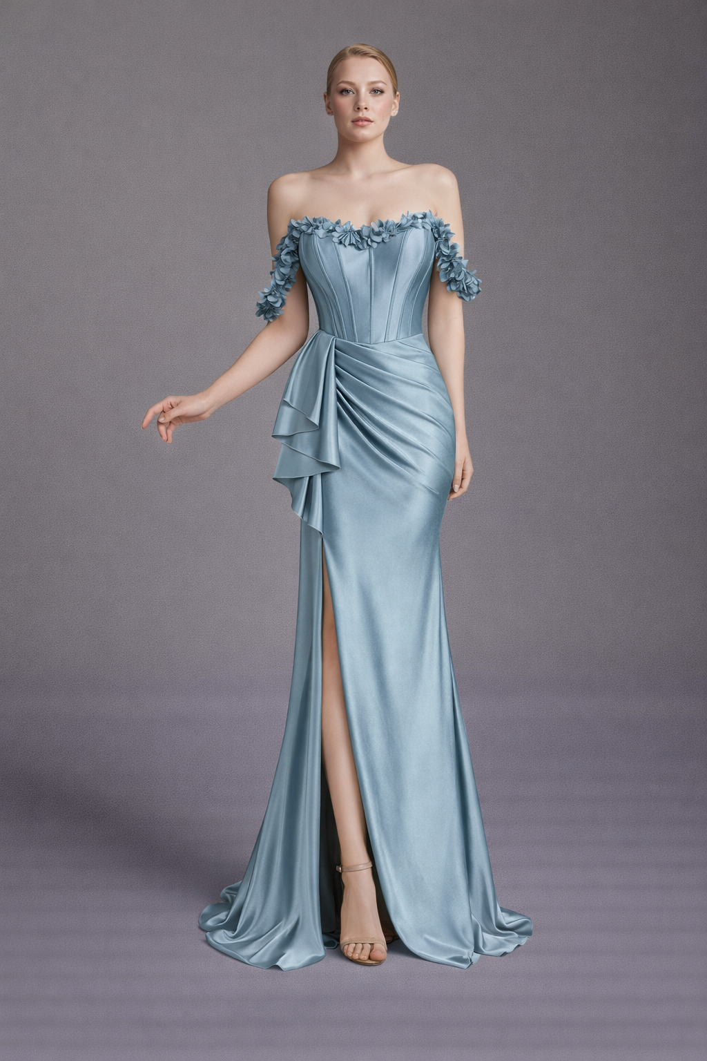 Azra Kotan Çiçek Detaylı Drapeli Saten Düşük Kol Uzun Abiye Elbise