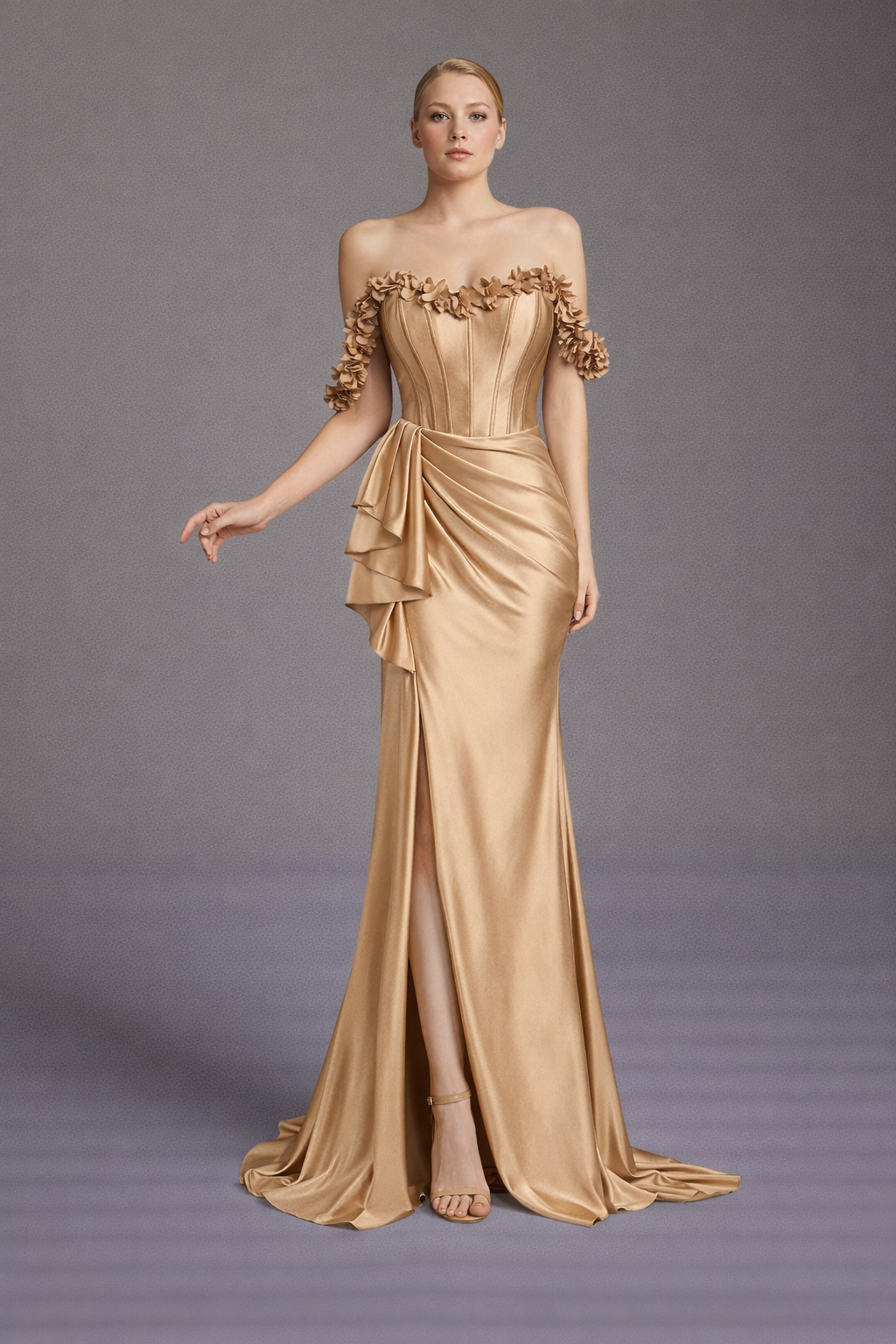 Azra Kotan Çiçek Detaylı Drapeli Saten Düşük Kol Uzun Abiye Elbise