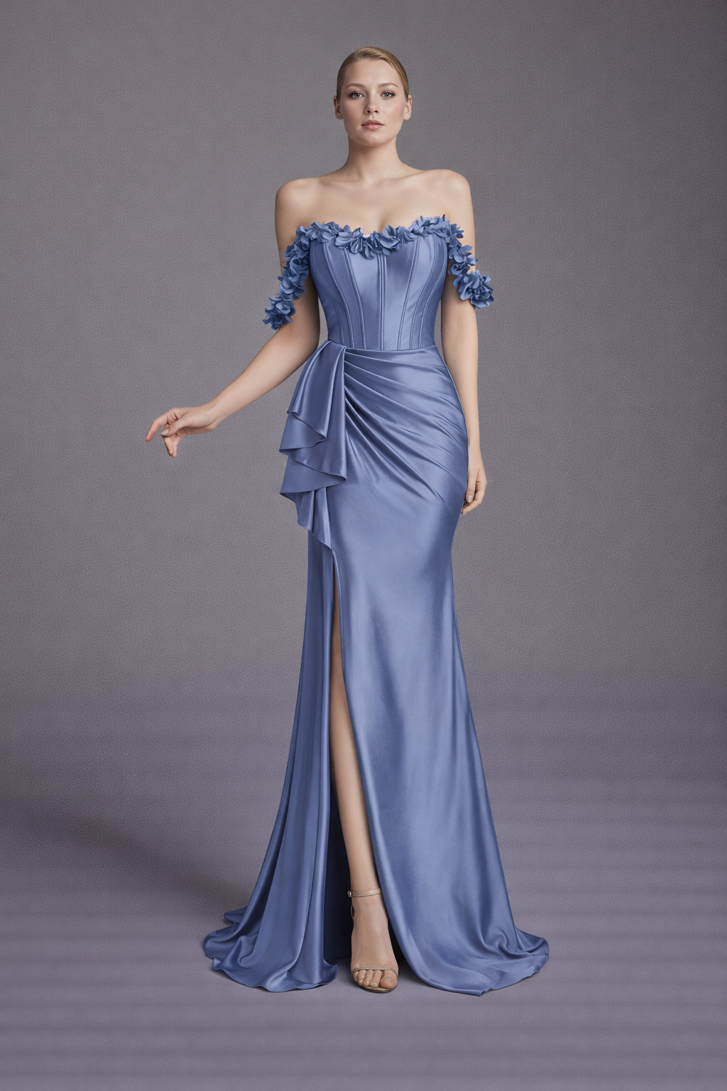 Azra Kotan Çiçek Detaylı Drapeli Saten Düşük Kol Uzun Abiye Elbise