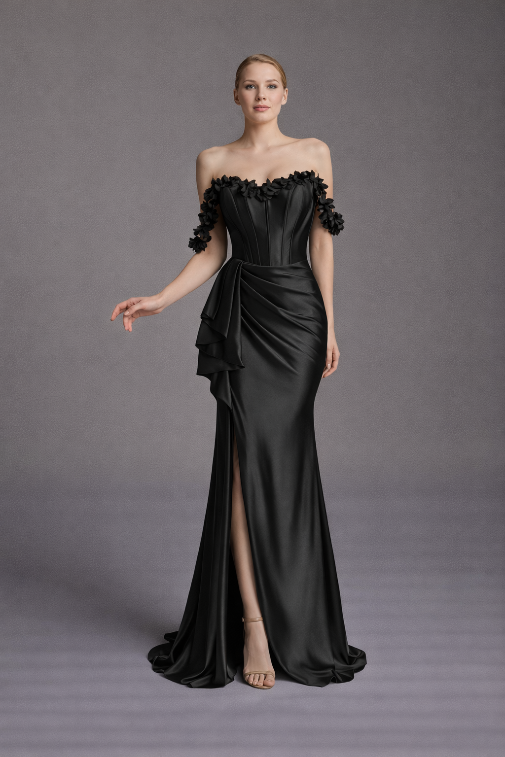 Azra Kotan Çiçek Detaylı Drapeli Saten Düşük Kol Uzun Abiye Elbise