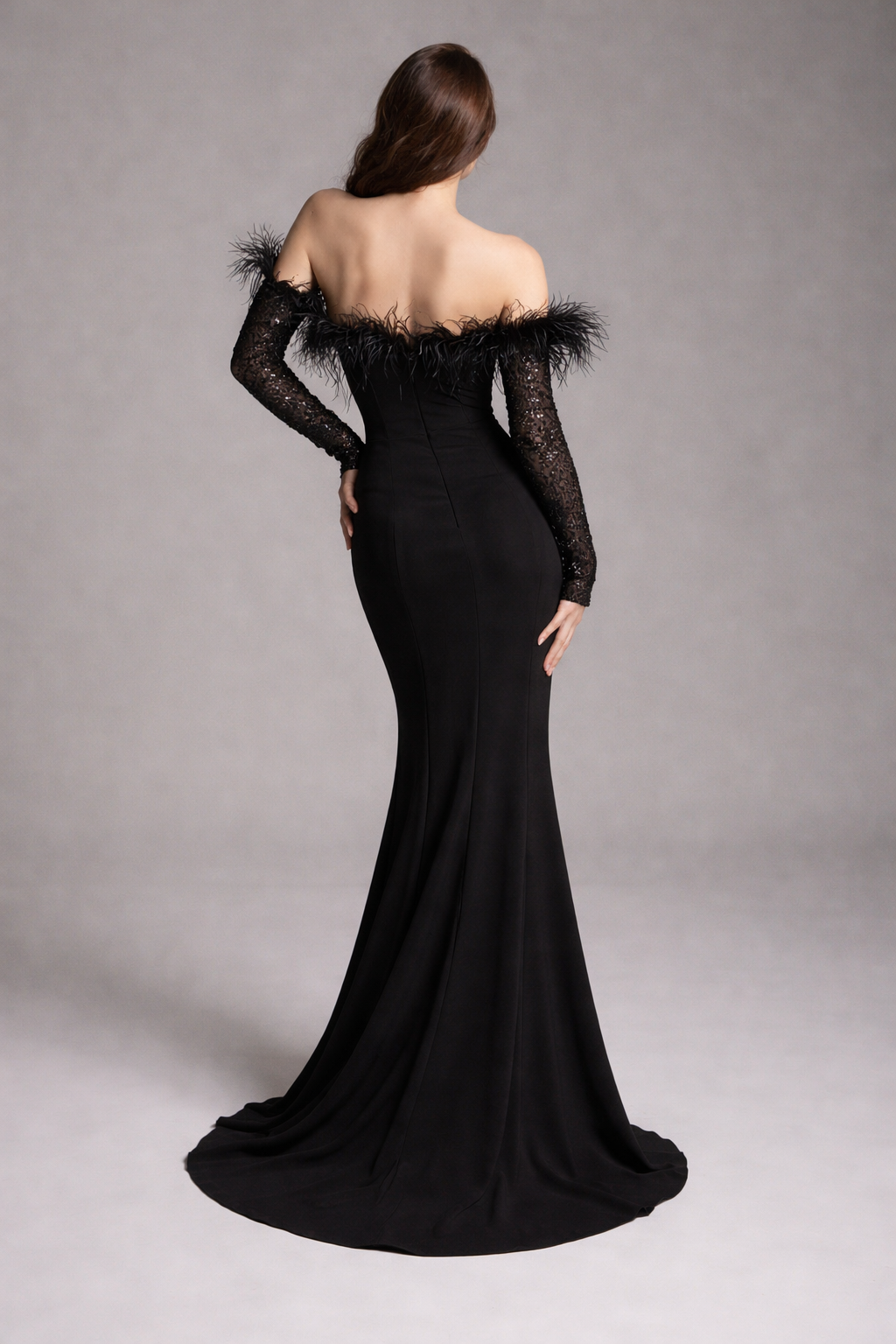 Azra Kotan Otriş Detaylı Transparan Kollu Balık Abiye Elbise