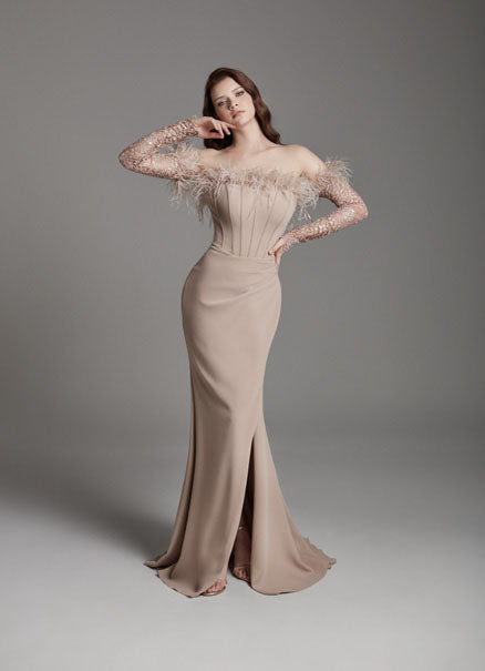 Azra Kotan Otriş Detaylı Transparan Kollu Balık Abiye Elbise