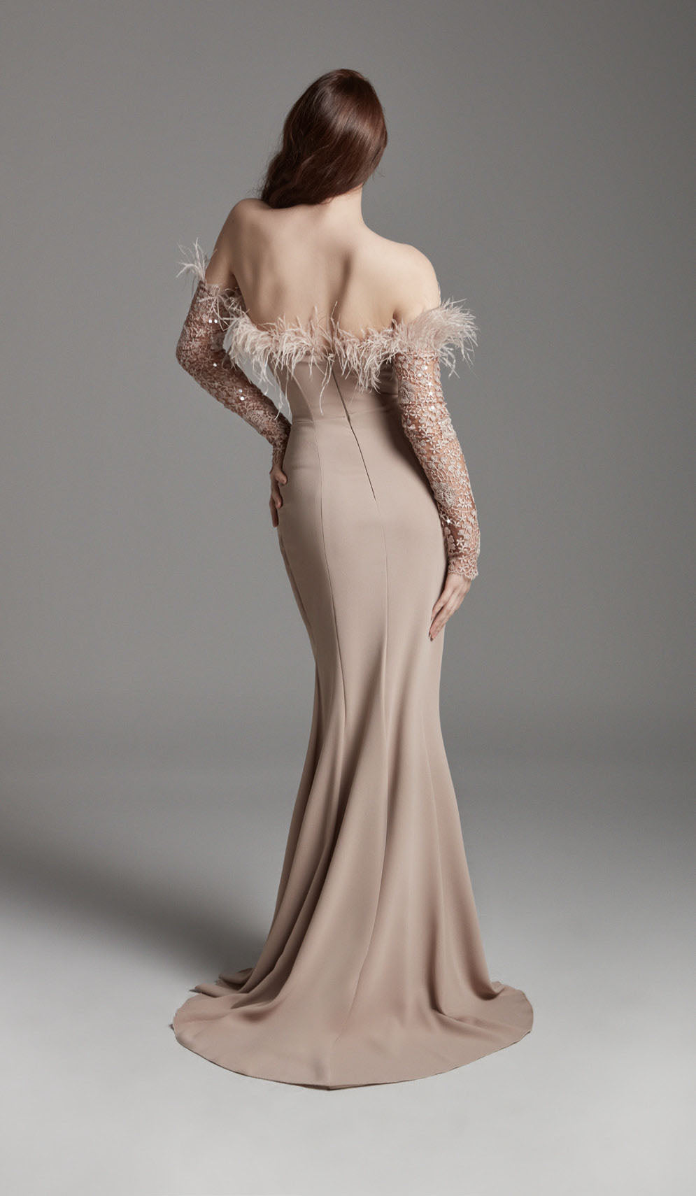 Azra Kotan Otriş Detaylı Transparan Kollu Balık Abiye Elbise