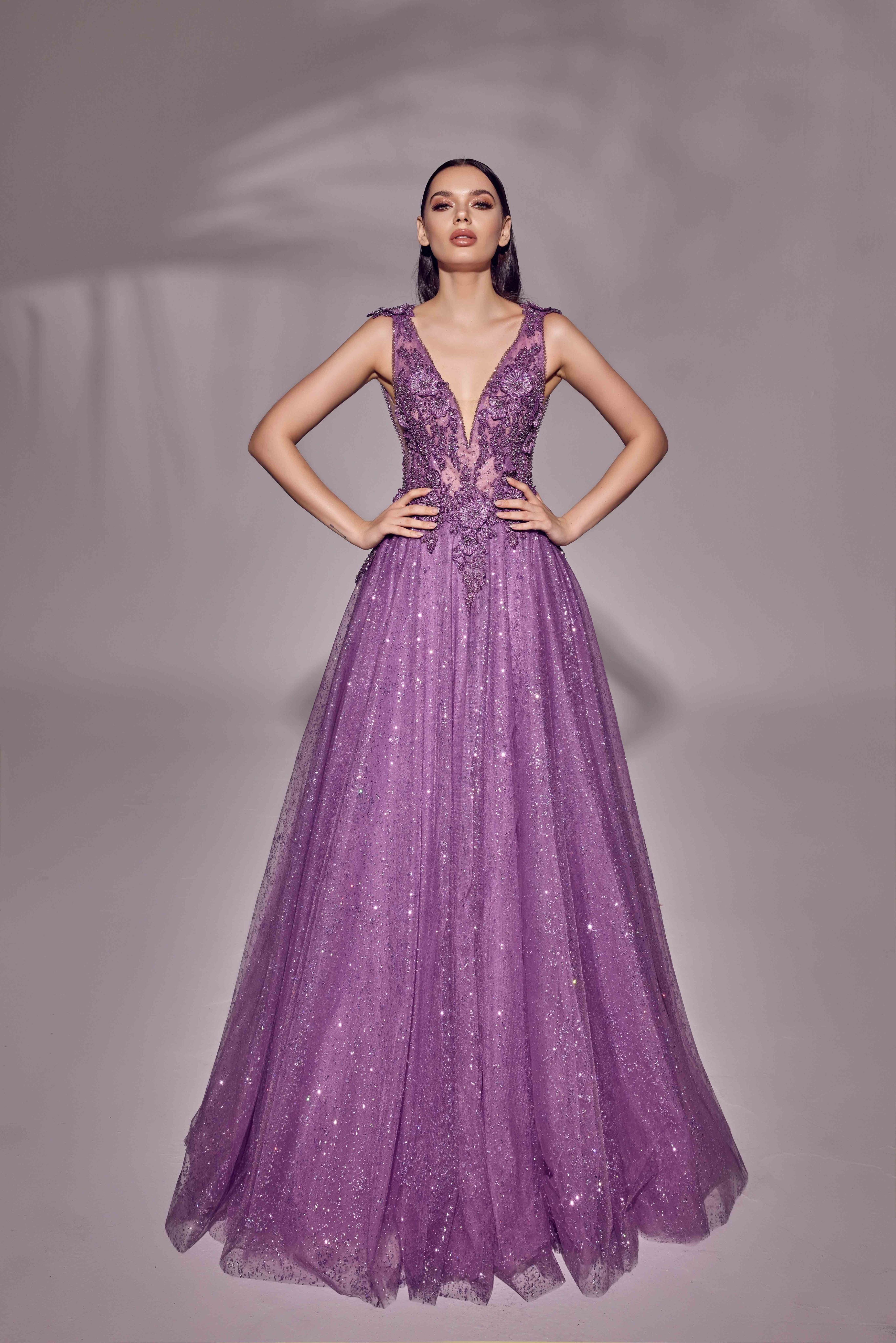 Azra Kotan Bel Kısmı Dantel İşlemeli Helen Nişanlık – Simli Tül Prenses Model