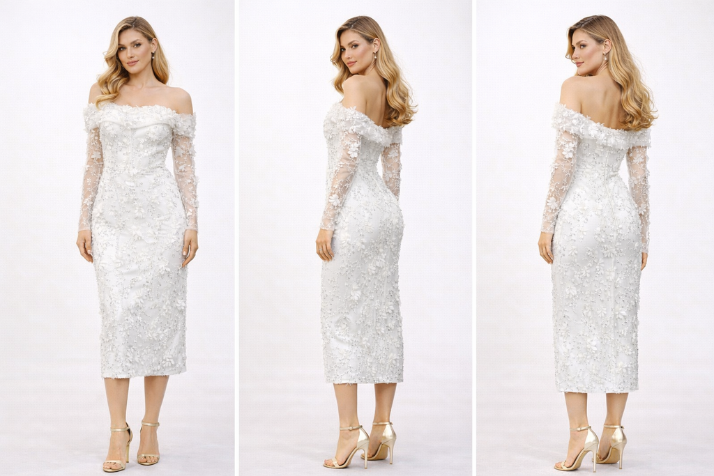 Azra Kotan Kayık Yaka Çiçek Aplikeli Beyaz Midi Elbise