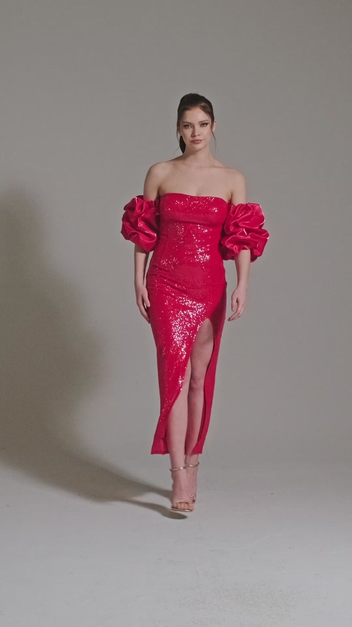 Azra Kotan Payet Kumaş Balon Kol Midi Boy Abiye Elbise