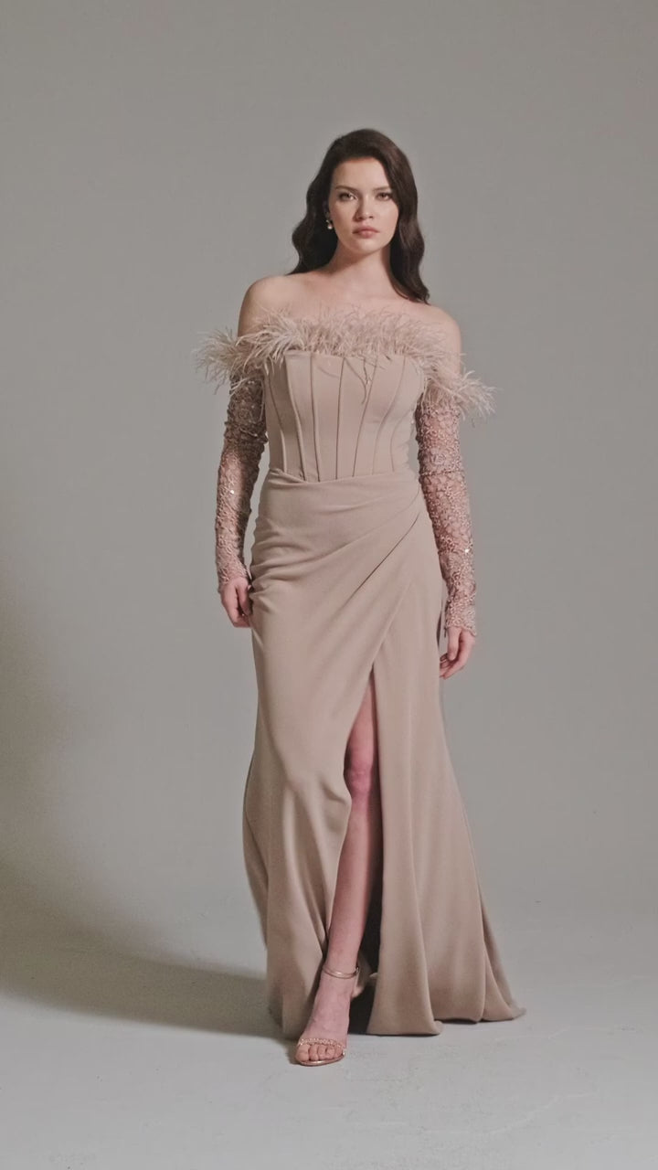 Azra Kotan Otriş Detaylı Transparan Kollu Balık Abiye Elbise